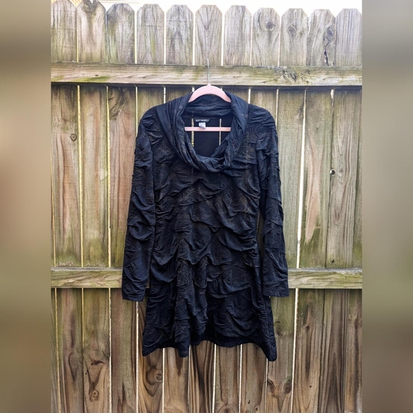 Soft Works Black & Gold Floral Textured Sculptural Long Sleeve Cowl Neck Dress - Picture 1 of 6